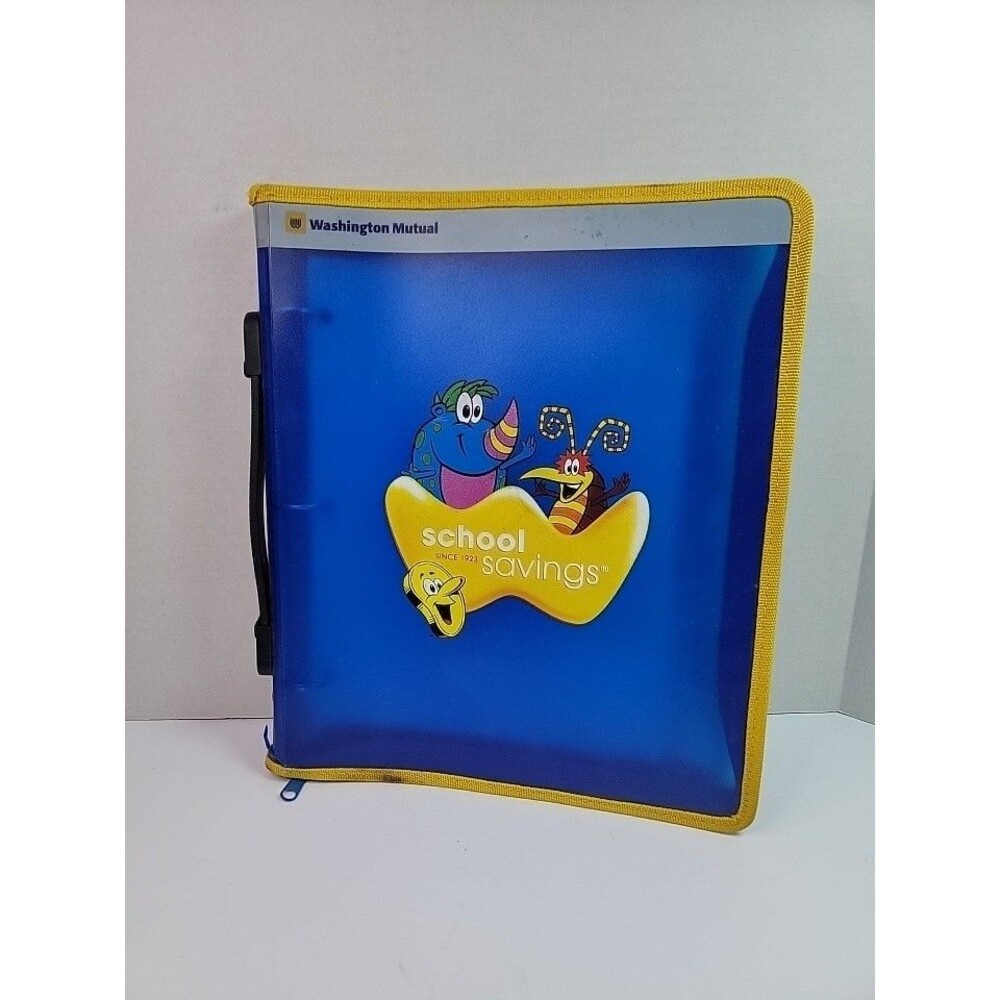 Washington Mutual School Savings 3 Ring Zipper Binder WaMu Blue Yellow Kids...